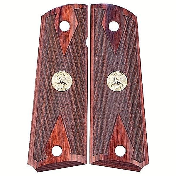 Colt 1911 Full Size Double Diamond Checkered Rosewood Grips Gold Medallions Sporting Jack 9723