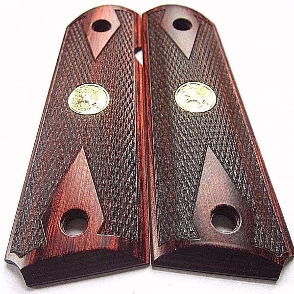 Colt 1911 Full Size Double Diamond Checkered Rosewood Grips Gold Medallions Sporting Jack 2765